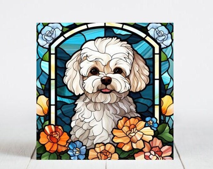 Maltipoo Ceramic Tile, Maltipoo Decorative Tile, Maltipoo Gift, Maltipoo Coaster, Faux Stained-Glass Dog Art