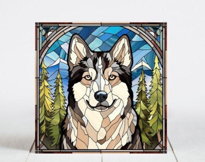 Husky Ceramic Tile, Husky Decorative Tile, Husky Gift, Husky Coaster, Faux Stained-Glass Dog Art