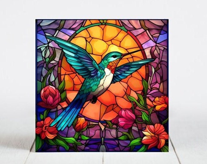 Hummingbird Ceramic Tile, Hummingbird Decorative Tile, Hummingbird Gift, Hummingbird Coaster, Faux Stained-Glass Dog Art