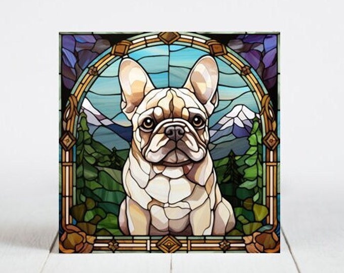 French Bulldog Ceramic Tile, French Bulldog Decorative Tile, French Bulldog Gift, French Bulldog Coaster, Faux Stained-Glass Dog Art