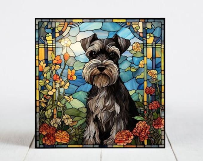 Schnauzer Ceramic Tile, Schnauzer Decorative Tile, Schnauzer Gift, Schnauzer Coaster, Faux Stained-Glass Dog Art