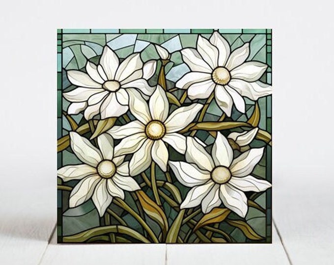 Daisy Flowers Ceramic Tile, Daisy Decorative Tile, Daisy Gift, Daisy Coaster, Faux Stained-Glass Art