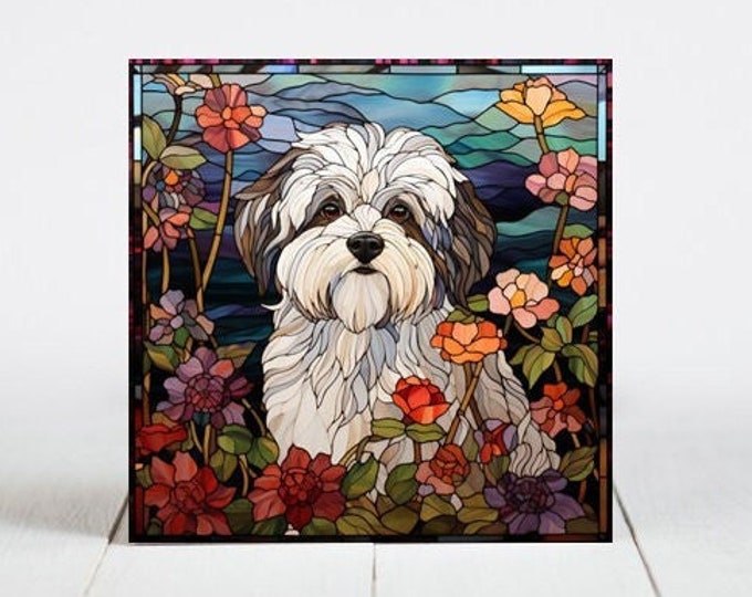 Havanese Ceramic Tile, Havanese Decorative Tile, Havanese Gift, Havanese Coaster, Faux Stained-Glass Dog Art