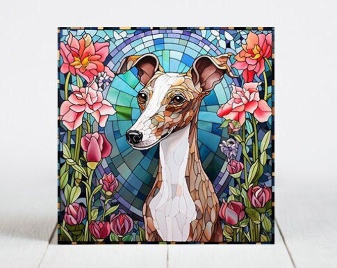 Italian Greyhound Ceramic Tile, Italian Greyhound Decorative Tile, Italian Greyhound Gift, Greyhound Coaster, Faux Stained-Glass Dog Art