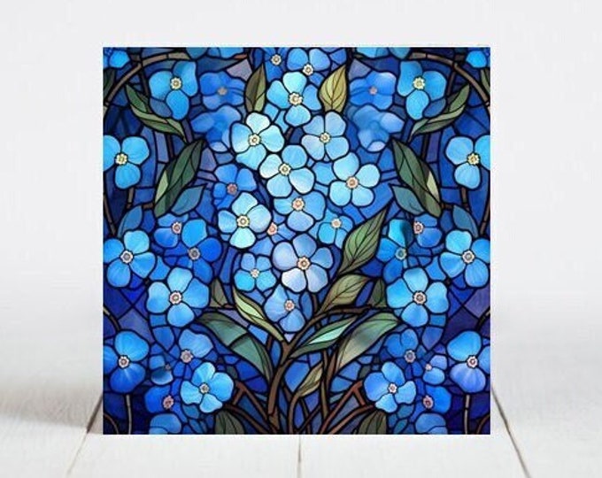 Blue Flowers Ceramic Tile, Blue Flowers Decorative Tile, Blue Flowers Gift, Blue Flowers Coaster, Faux Stained-Glass Art
