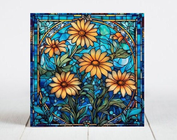 Daisy Flowers Ceramic Tile, Daisy Decorative Tile, Daisy Gift, Daisy Coaster, Faux Stained-Glass Art