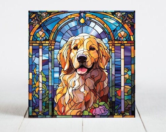 Golden Retriever Ceramic Tile, Golden Retriever Decorative Tile, Golden Retriever Gift, Golden Retriever Coaster, Faux Stained-Glass Dog Art