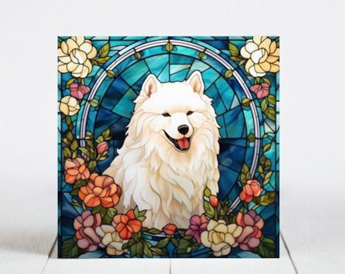 Samoyed Ceramic Tile, Samoyed Decorative Tile, Samoyed Gift, Samoyed Coaster, Faux Stained-Glass Dog Art