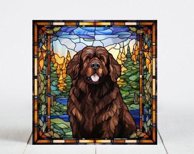 Newfoundland Ceramic Tile, Newfoundland Decorative Tile, Newfoundland Gift, Newfoundland Coaster, Faux Stained-Glass Dog Art