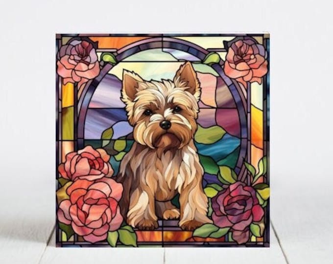 Yorkie Ceramic Tile, Yorkie Decorative Tile, Yorkie Gift, Yorkie Coaster, Faux Stained-Glass Dog Art