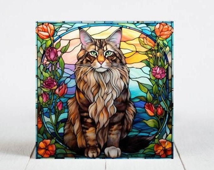 Maine Coon Cat Ceramic Tile, Maine Coon Decorative Tile, Maine Coon Gift, Maine Coon Coaster, Faux Stained-Glass Cat Art
