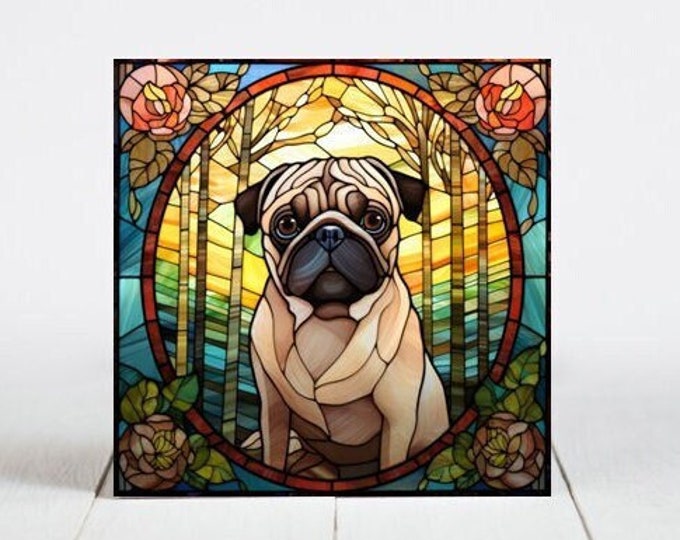 Pug Ceramic Tile, Pug Decorative Tile, Pug Gift, Pug Coaster, Faux Stained-Glass Dog Art