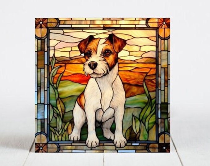 Jack Russell Ceramic Tile, Jack Russell Decorative Tile, Jack Russell Gift, Jack Russell Coaster, Faux Stained-Glass Dog Art