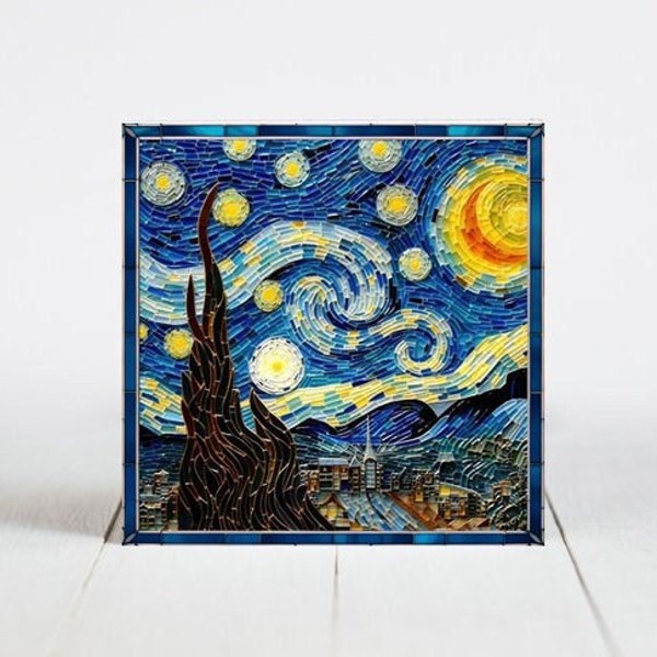 Van Gogh Starry Night Ceramic Tile, Starry Night Decorative Tile, Starry Night Gift, Starry Night Coaster, Faux Stained-Glass Dog Art