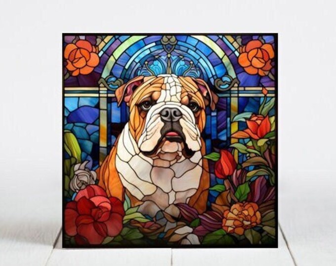 Bulldog Ceramic Tile, Bulldog Decorative Tile, Bulldog Gift, Bulldog Coaster, Faux Stained-Glass Dog Art