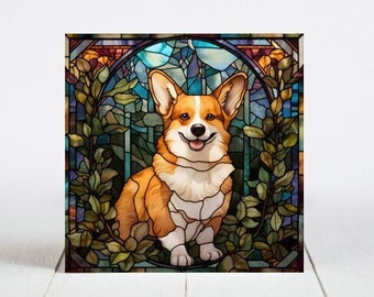 Corgi Ceramic Tile, Corgi Decorative Tile, Corgi Gift, Corgi Coaster, Faux Stained-Glass Dog Art