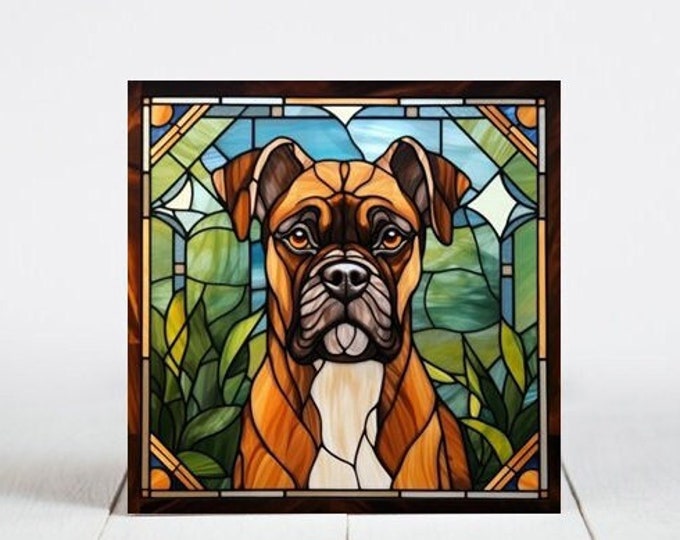Boxer Ceramic Tile, Boxer Decorative Tile, Boxer Gift, Boxer Coaster, Faux Stained-Glass Dog Art
