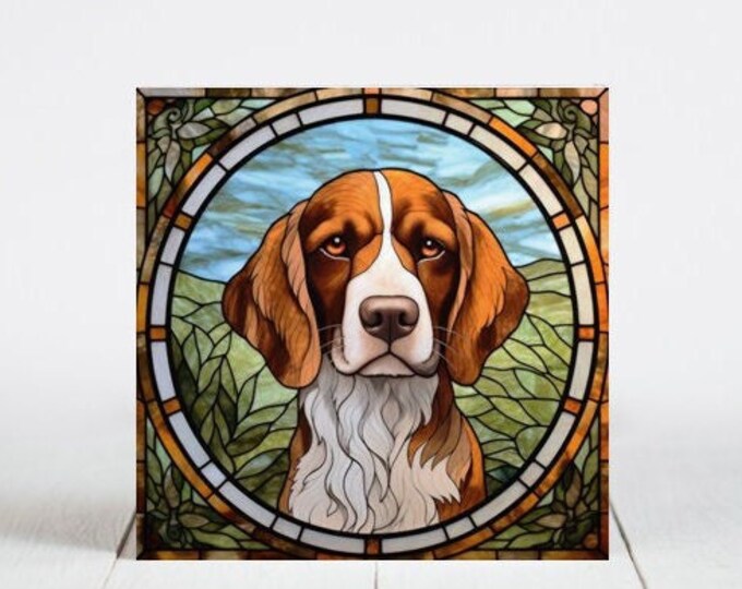 Brittany Spaniel Ceramic Tile, Brittany Decorative Tile, Brittany Gift, Brittany Coaster, Faux Stained-Glass Dog Art