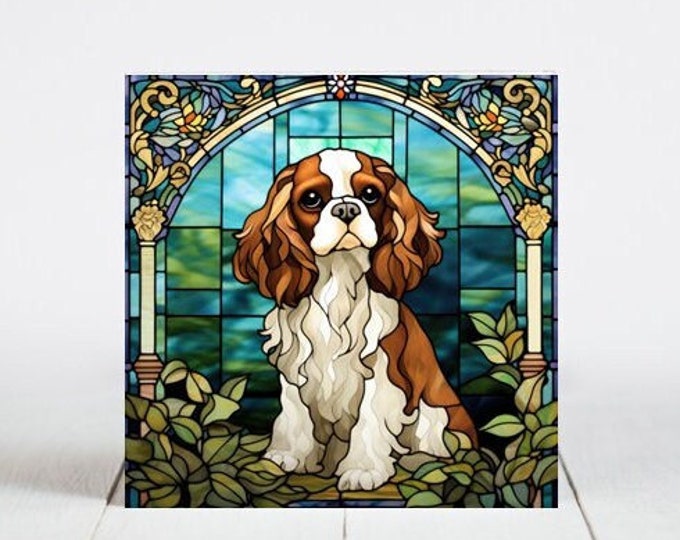 Cavalier King Charles Spaniel Ceramic Tile, King Charles Spaniel Decorative Tile, Spaniel Gift, Spaniel Coaster, Faux Stained-Glass Dog Art