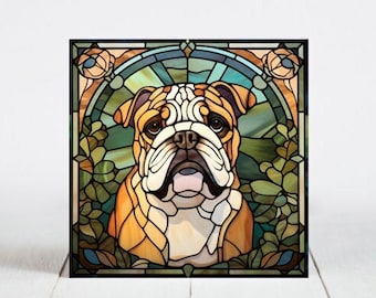 Bulldog Ceramic Tile, Bulldog Decorative Tile, Bulldog Gift, Bulldog Coaster, Faux Stained-Glass Dog Art