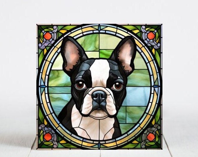 Boston Terrier Ceramic Tile, Boston Terrier Decorative Tile, Boston Terrier Gift, Boston Terrier Coaster, Faux Stained-Glass Dog Art