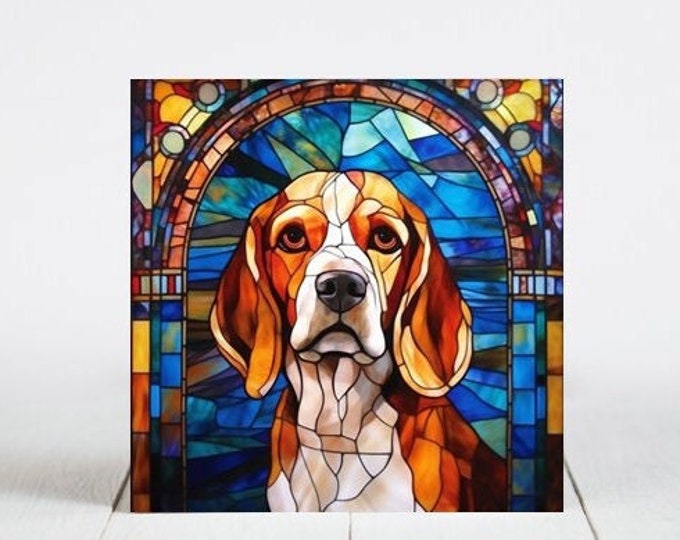 Beagle Ceramic Tile, Beagle Decorative Tile, Beagle Gift, Beagle Coaster, Faux Stained-Glass Dog Art