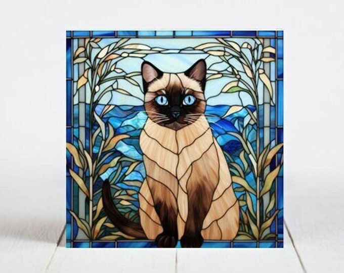 Siamese Cat Ceramic Tile, Siamese Cat Decorative Tile, Siamese Cat Gift, Siamese Cat Coaster, Faux Stained-Glass Cat Art