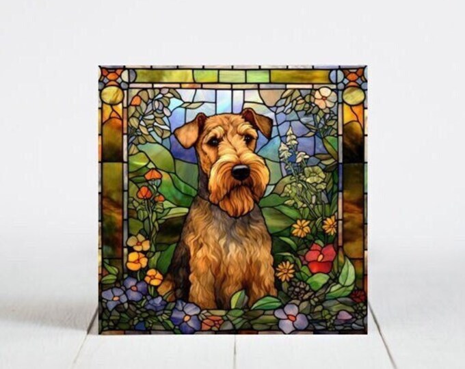 Airedale Terrier Ceramic Tile, Airedale Decorative Tile, Airedale Gift, Airedale Coaster, Faux Stained-Glass Dog Art