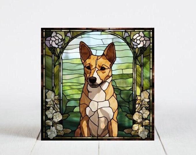 Basenji Ceramic Tile, Basenji Decorative Tile, Basenji Gift, Basenji Coaster, Faux Stained-Glass Dog Art