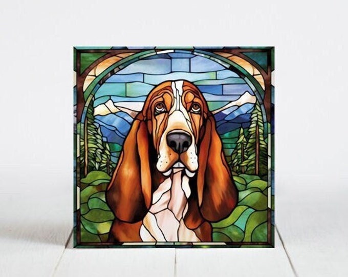 Basset Hound Ceramic Tile, Basset Hound Decorative Tile, Basset Hound Gift, Basset Hound Coaster, Faux Stained-Glass Dog Art
