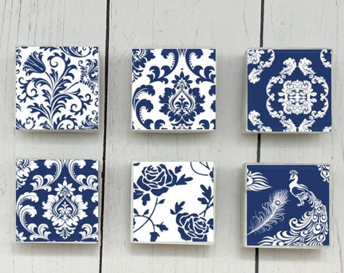 6 Blue and White Marble Magnets, Floral Magnet Set, Floral Damask Magnets, Blue and White Magnet Set, Blue and White Refrigerator Magnets