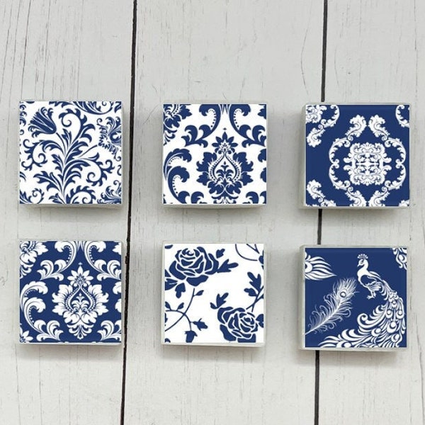6 Blue and White Marble Magnets, Floral Magnet Set, Floral Damask Magnets, Blue and White Magnet Set, Blue and White Refrigerator Magnets