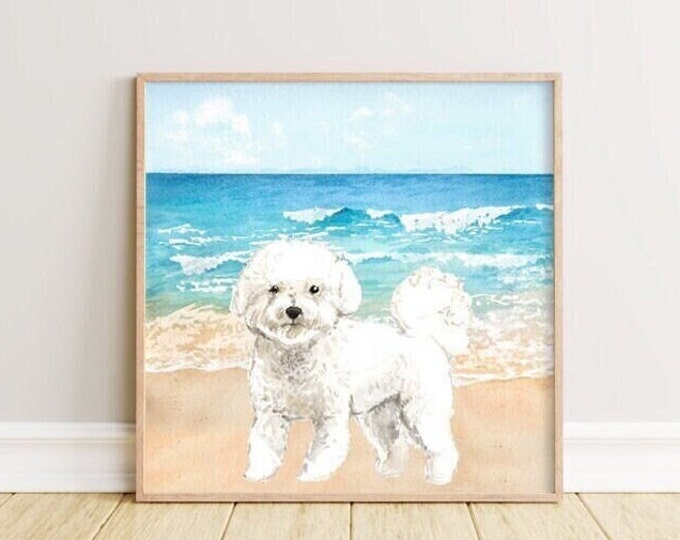 Bichon Frise Beach Dog Wall Art, Digital Download, DIY Dog Decor, Dog Poster, Dog Art, Dog Printable Decor, Bichon Gift, 5 Different Sizes