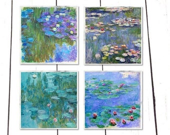 4 Claude Monet Waterlilies Marble Magnets, Monet Painting Magnets, Monet Impressionist Magnets, Impressionist Painting Magnets