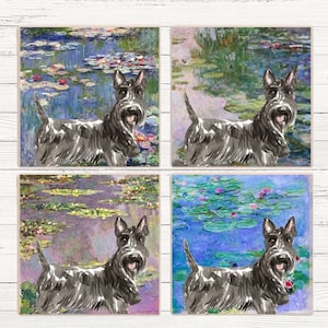 Scottish Terrier Monet Waterlilies Coaster, Scottish Terrier Drink Coasters, Scottish Terrier Gift, Scottie Coasters