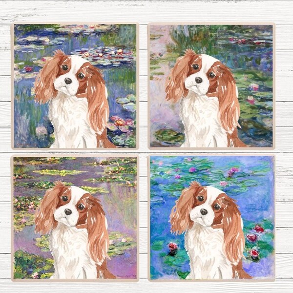 Cavalier King Charles Spaniel Monet Waterlilies Coaster, King Charles Spaniel Coasters, King Charles Spaniel Gifts, Spaniel Coaster Set