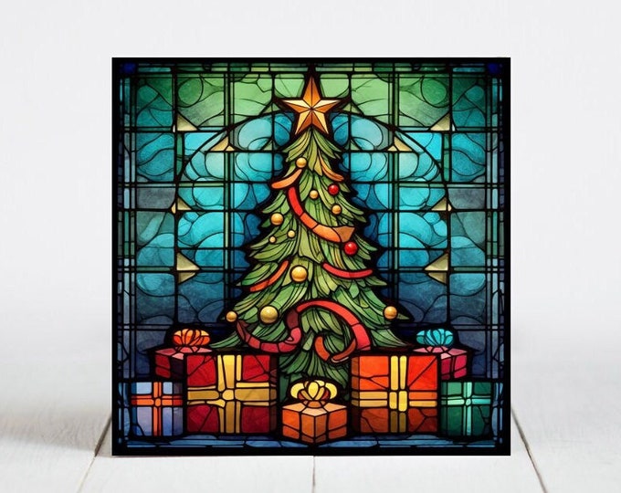 Christmas Ceramic Tile, Christmas Decorative Tile, Christmas Gift, Christmas Coaster, Faux Stained-Glass Art
