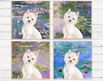 Westie Monet Waterlilies Coaster, Westie Coaster, Westie Gift, Westie Coaster Set