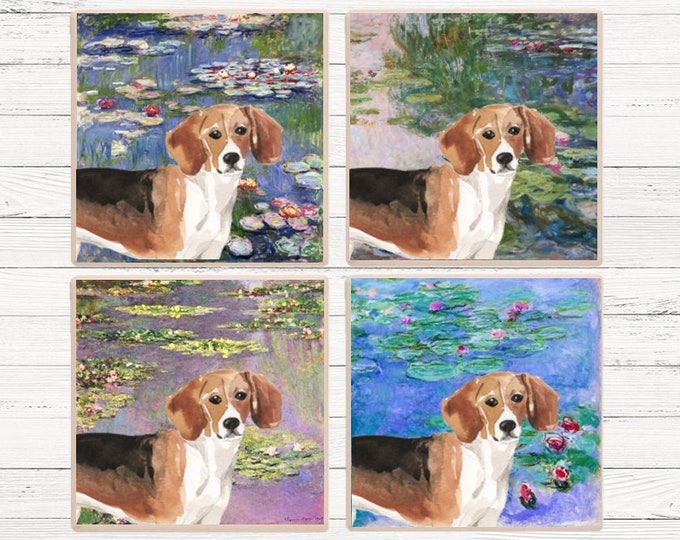 Beagle Monet Waterlilies Coaster, Beagle Coasters, Beagle Gift, Beagle Coasters, Beagle Coaster Set