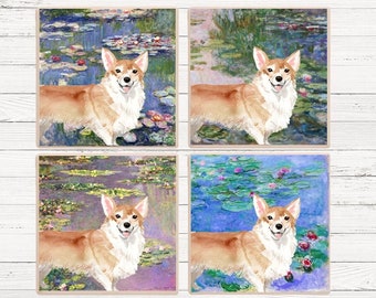 Corgi Monet Waterlilies Coaster, Corgi Coasters, Corgi Gift, Corgi Coasters, Corgi Coaster Set