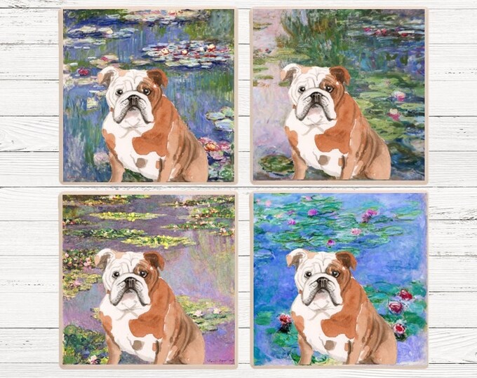 English Bulldog Monet Waterlilies Coaster, English Bulldog Coaster, English Bulldog Coasters, English Bulldog Gift, Bulldog Coaster Set