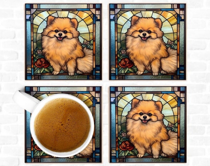 Pomeranian Coasters, Pomeranian Coaster Set, Pomeranian Coaster Gift, Pomeranian Drink Coasters, Faux Stained-Glass Pomeranian Coasters