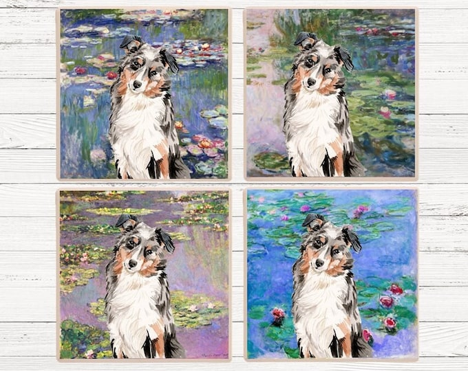 Australian Shepherd Monet Waterlilies Coaster, Australian Shepherd Coasters, Australian Shepherd Gift, Monet Australian Sheperd Coasters