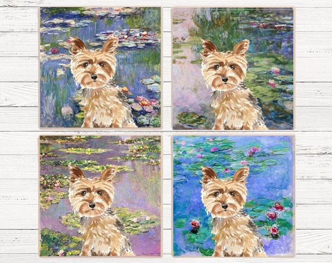 Yorkshire Terrier Monet Waterlilies Coaster, Yorkshire Terrier Drink Coasters, Yorkshire Terrier Gift, Monet Yorkshire Terrier Coasters