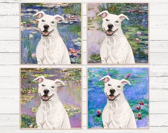 White Pitbull Monet Waterlilies Coaster, Pitbull Coaster, Pitbull Gift, Pitbull Coaster Set