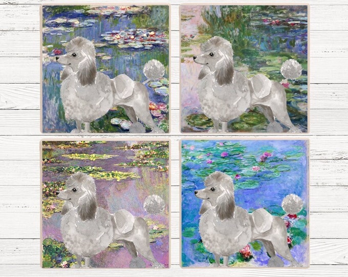 Grey Poodle Monet Waterlilies Coaster, Poodle Drink Coasters, Poodle Gift, Monet Poodle Coasters