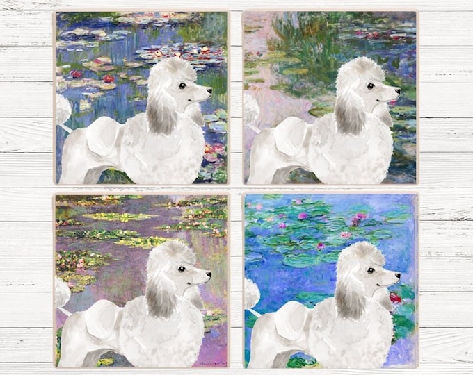 White Poodle Monet Waterlilies Coaster, Poodle Drink Coasters, Poodle Gift, Monet Poodle Coasters