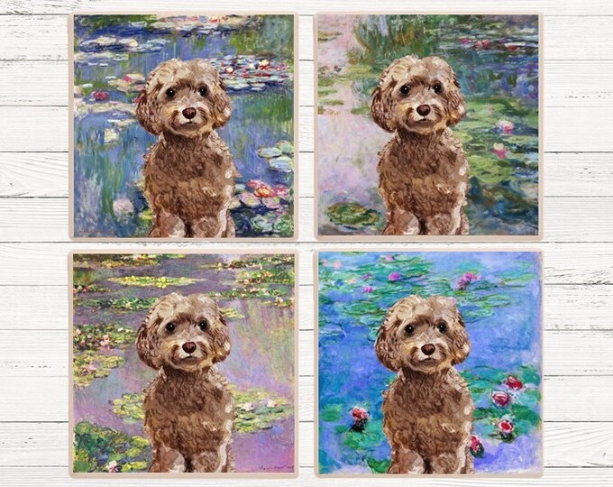 Cockapoo Monet Waterlilies Coaster, Cockapoo Coasters, Cockapoo Gift, Cockapoo Coasters, Cockapoo Coaster Set