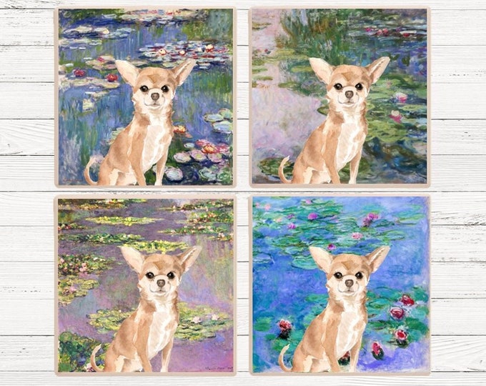 Chihuahua Monet Waterlilies Coaster, Chihuahua Coasters, Chihuahua Gift, Chihuahua Coasters, Chihuahua Coaster Set