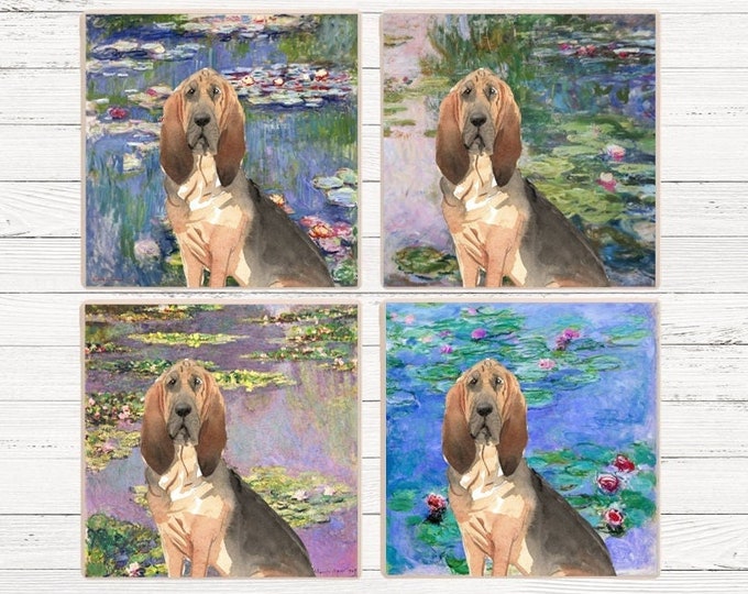 Bloodhound Monet Waterlilies Coaster, Bloodhound Drink Coasters, Bloodhound Gift, Monet Bloodhound Coasters